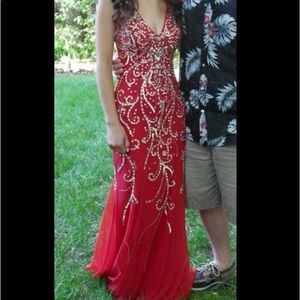 red and silver beaded prom dress